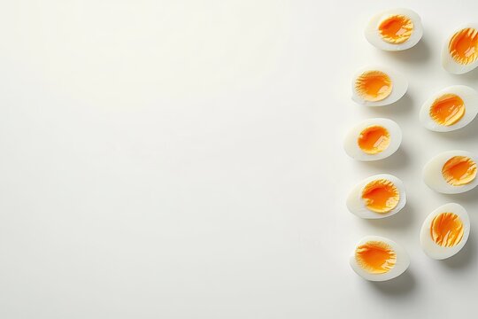 Hard-boiled eggs, halved, arranged vertically