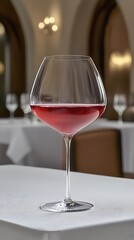 Elegant Rose Wine Glass on Tablecloth in Restaurant