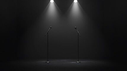 Two Microphones On Stands Lit By Spotlights Against Black Background