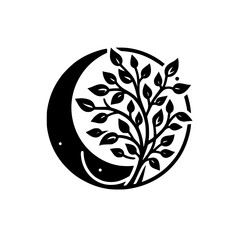 Minimalist Black & White Tree of Life in Crescent Moon Emblem