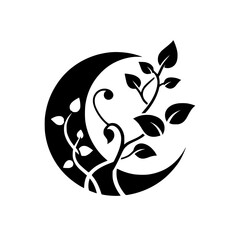 Black and White Moon and Vine Logo, Minimalist Nature Design
