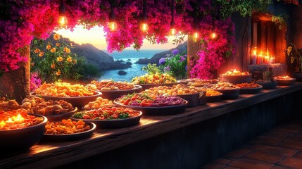 Vibrant outdoor feast at sunset with colorful dishes and floral decorations overlooking the sea