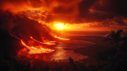 Naklejka premium Volcanic Fury Embraces the Sea: Fiery Lava Flows into the Ocean Under a Smoldering Sunset Sky in Dramatic Landscape