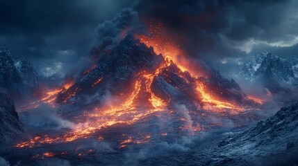 Magmatic upheaval: A landscape where molten energy confronts frigid mountains, creating an epic, fiery spectacle under a brooding sky