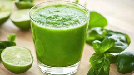 Fototapeta premium Green smoothie in glass. Fresh ingredients