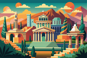 Vibrant and stylized artwork depicting iconic ancient Greek architecture set in a scenic mountainous landscape with a lively, warm color palette.