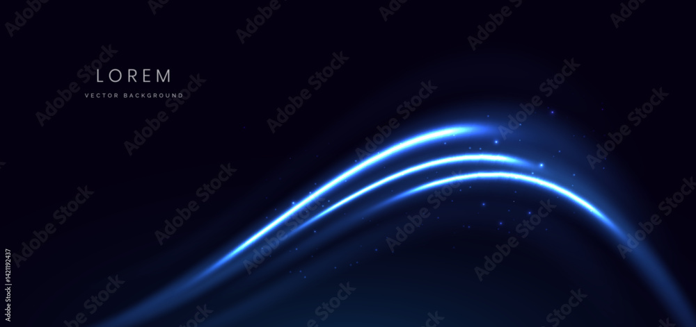 Poster blue glowing ray curved rays on dark background with copy space for text.