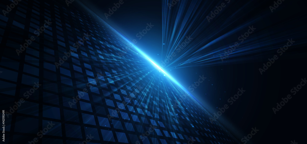 Poster abstract scene elegant blue light lines on dark background with lighting effect and sparkle.