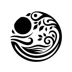 Abstract Nature Symbol: Circle with Sun, Waves, and Leaves. Minimalist Black & White Design.
