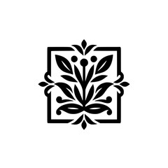 Elegant Black Floral Crest in Square Frame, Minimalist Design