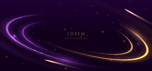 Obraz premium Elegant glowing purple and gold curve ray light ray on dark purple background.