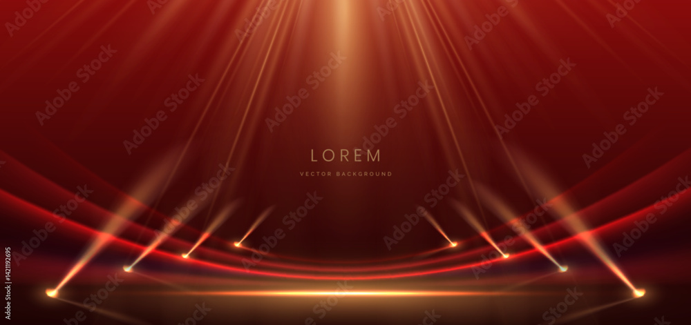 Wall mural scene elegant red curved ray with gold lighting effect sparkle on dark red background.