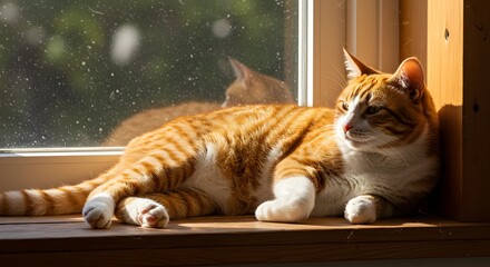Orange Tabby Cat Relaxing in Sunbeam on Windowsill, Basking in Warmth, Domestic Feline Enjoying Peaceful Moment