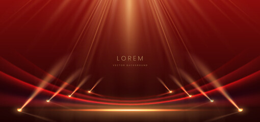 Scene elegant red curved ray with gold lighting effect sparkle on dark red background.