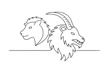 Minimalist line art drawing of two headed mythical beast lion and goat