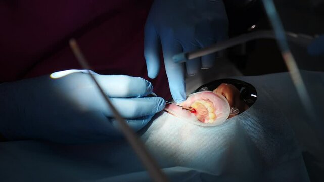Dental treatment. Closeup shot of doctor performing tooth extraction in modern dental surgery. Operation on teeth. Dentistry office. Oral hygiene and teeth health. 4 k video