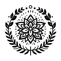Floral Mandala with Laurel Wreath, Black and White Vector