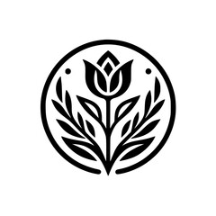 Minimalist Floral Emblem in Circle, Black and White Design
