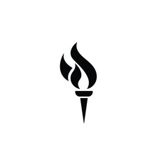 A bold black flame torch logo icon in a minimalist style, geometrically designed with clean lines and perfect symmetry. Isolated on a white background