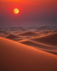 Crimson dunes shimmer at twilight beneath a rising full moon, evoking surreal cinematic beauty. 