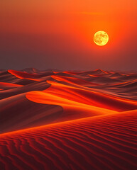 Crimson dunes shimmer at twilight beneath a rising full moon, evoking surreal cinematic beauty. 