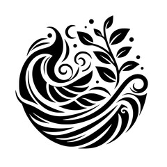 Abstract Black & White Nature Emblem - Plant, Water, & Celestial Elements