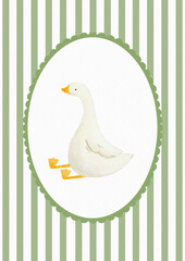 Cute goose illustration for a baby in a green poster style, featuring a funny character in an oval frame. This charming watercolor design with a checkered background is perfect for kids' textiles and © zenina