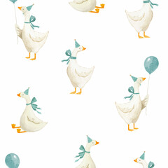 Cute goose pattern for boys, featuring funny geese in festive hats holding balloons. This playful design, set against a watercolor background, is perfect for kids' textiles and nursery decor.