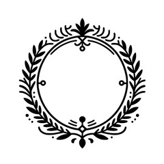 Elegant Black & White Floral Wreath Frame, Circle Border, Design Element