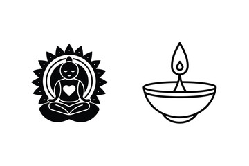 Buddha Meditating And Diya Lamp Black And White Vector Design Elements