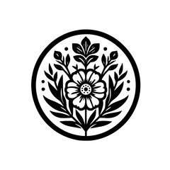 Monochromatic Floral Emblem in Circle, Folk Art Style