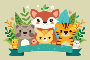 Fototapeta premium Illustration of adorable cartoon animals surrounded by lush greenery and leaves, featuring a fox, bear, tiger, and rabbit. Perfect for children's decor and educational materials.