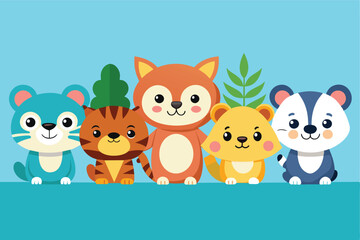 Fototapeta premium Illustration of five cute cartoon animals with delightful expressions set against a colorful background, perfect for children's content or playful designs.