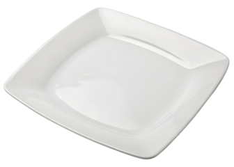 Modern white ceramic plate with softly curved square edges and glossy surface, minimalist tableware for dining or food presentation, isolated on transparent background.