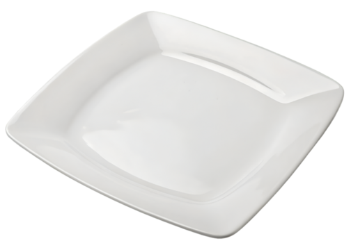Modern white ceramic plate with softly curved square edges and glossy surface, minimalist tableware for dining or food presentation, isolated on transparent background.