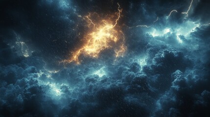 Fototapeta premium Dramatic sky illustration showcasing glowing electricity amidst dark, textured cloud formations, evoking a sense of natural power and meteorological phenomenon