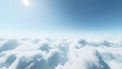 Clear blue sky with fluffy white clouds illuminated by bright sunlight, creating a fresh and peaceful atmosphere high above the earth on a sunny day