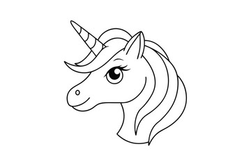 Cute unicorn head black and white outline illustration for coloring books and graphic design projects