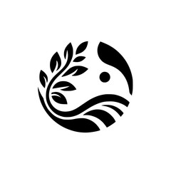 Minimalist Nature Logo: Tree & Waves, Black & White