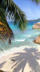 Stunning views of empty beaches of the wonderful islands of Seychelles. Beautiful landmark. Clear, sunny day, warm sunlight. No people, outdoors. Concept of leisure and travel