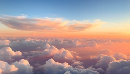 Beautiful sunset scene showing a vast sky filled with soft fluffy clouds illuminated by warm orange and pink sunlight, creating a peaceful and glowing atmosphere above the horizon