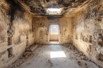A decaying room with textured walls, a barred window, and sunlight streaming in, creating a somber yet intriguing atmosphere.