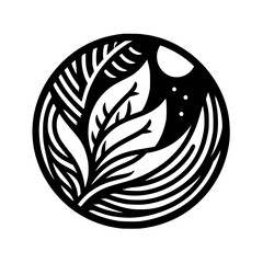 Minimalist Nature Logo: Leaf Silhouette in Circle, Black & White