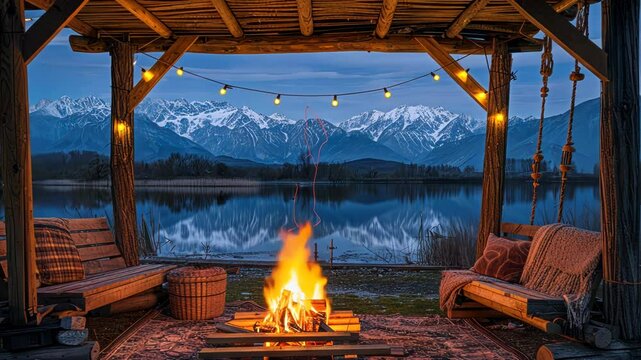 Cozy fireside gazebo overlooking a serene lake at dusk, with snowy mountains in the background