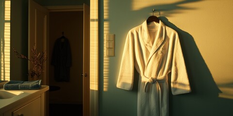 Cozy Bathroom with Soft Light and Plush Bathrobe Hanging Gracefully