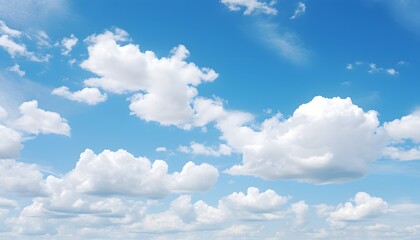 Clear blue sky filled with soft, fluffy white clouds floating gently, creating a bright and peaceful atmosphere on a sunny day with natural daylight