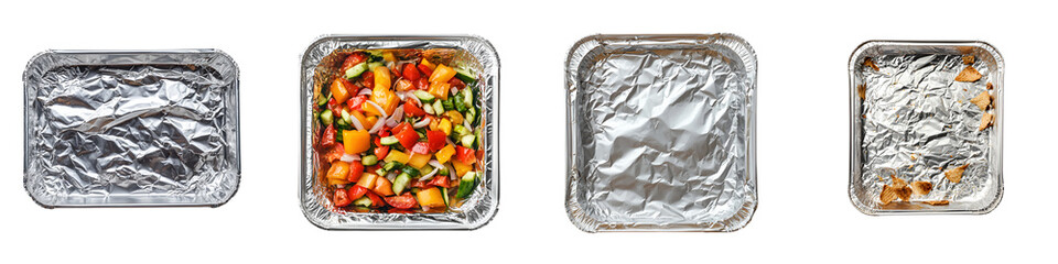 Crumpled aluminum foil tray with food residue