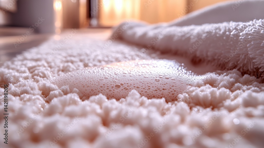 Poster close-up view of soap bubbles on a plush carpet in a cozy bathroom setting with soft lighting
