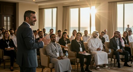 Motivational Speaker Addressing Diverse Audience in Luxurious Conference Room