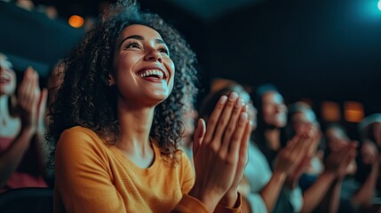 A diverse group of six people is seated in a modern auditorium, smiling and clapping.